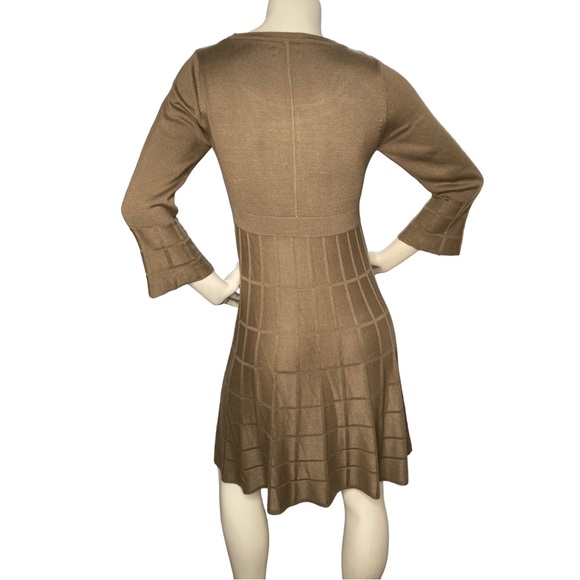CALVIN KLEIN Light Brown Taupe Bell Sleeve Pleated Knee Length Dress, M - Picture 2 of 10